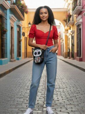 New Floral Sugar Skull Cat Kitten Dia De Los Muertos Crossbody Womens Bag Purse